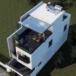 Tổng thể mẫu nhà phố 2 tầng 1 tum hiện đại nhìn từ trên cao với sân thượng rộng rãi.