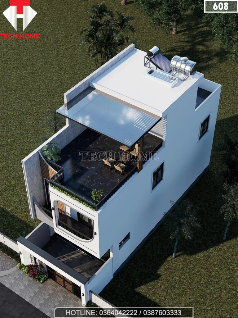 Tổng thể mẫu nhà phố 2 tầng 1 tum hiện đại nhìn từ trên cao với sân thượng rộng rãi.