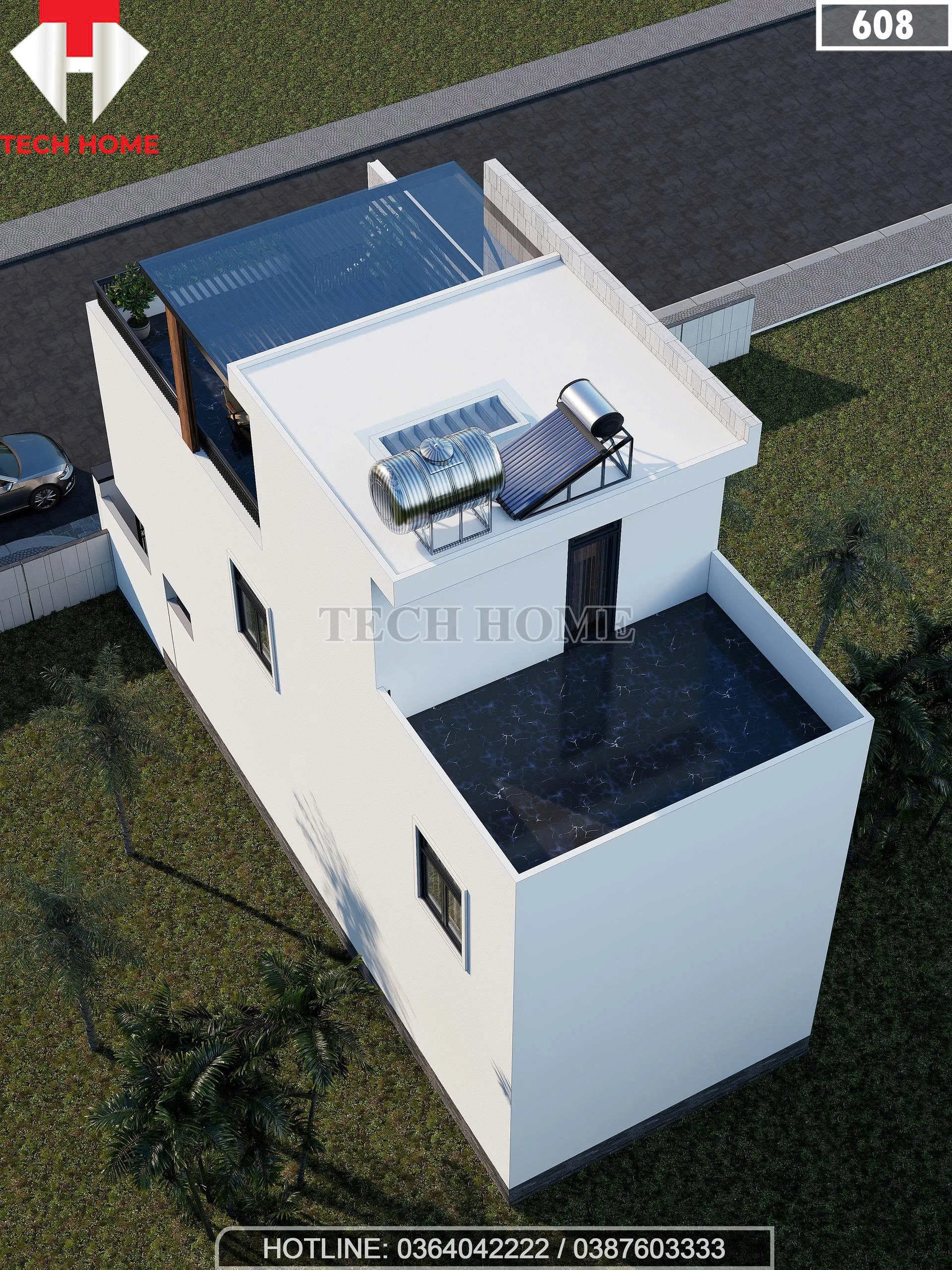 Tổng thể mẫu nhà phố 2 tầng 1 tum hiện đại 