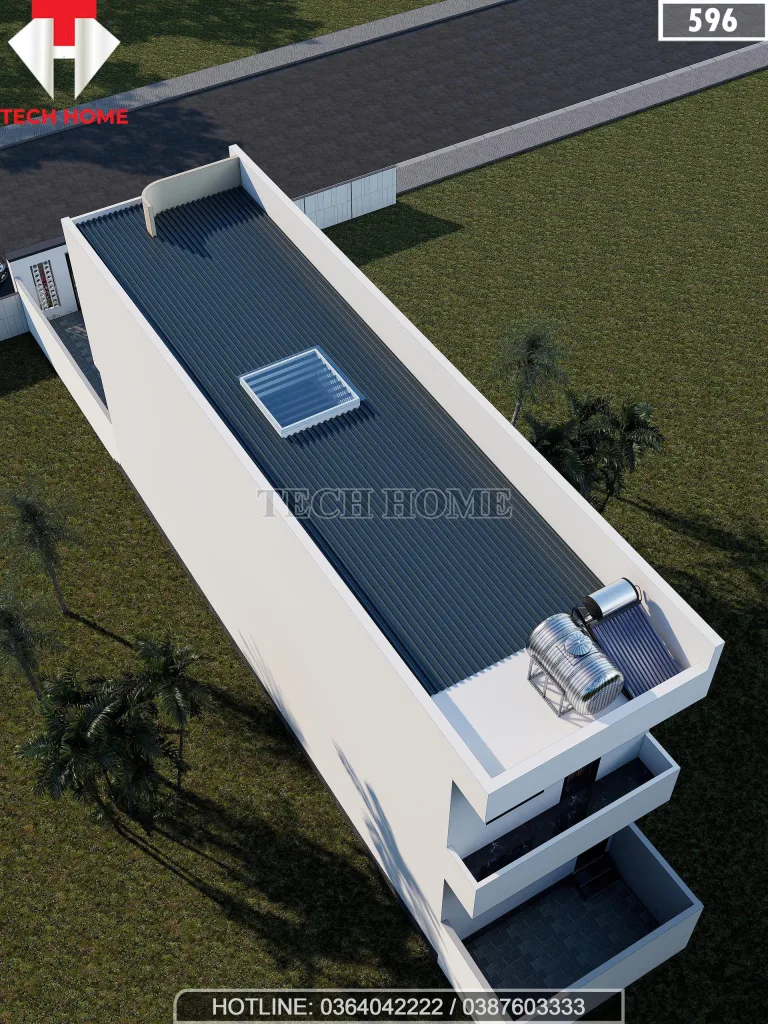 Tổng thể mẫu nhà 2 tầng mái bằng có giếng trời lấy sáng và hệ thống chống nóng sân thượng.