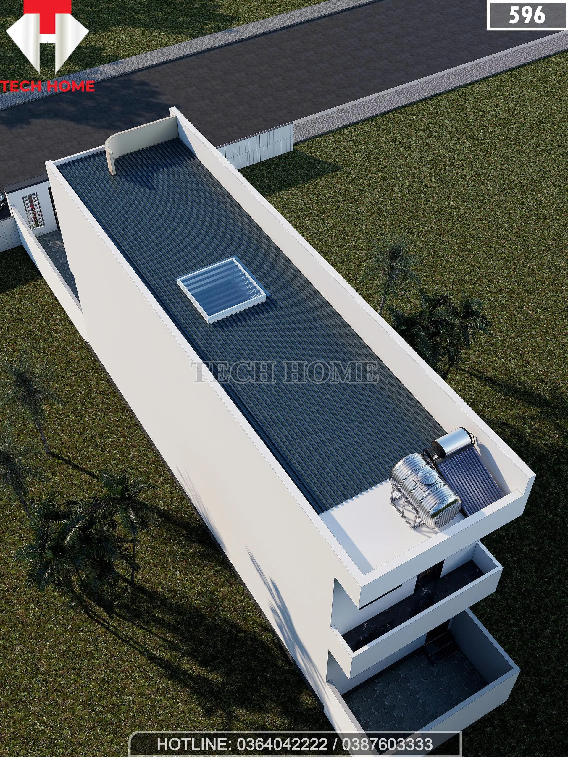 Tổng thể mẫu nhà 2 tầng mái bằng có giếng trời lấy sáng và hệ thống chống nóng sân thượng.