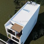 Tổng thể mẫu nhà phố 3 tầng đẹp mái bằng nhìn từ trên cao với hệ thống giếng trời lấy sáng.