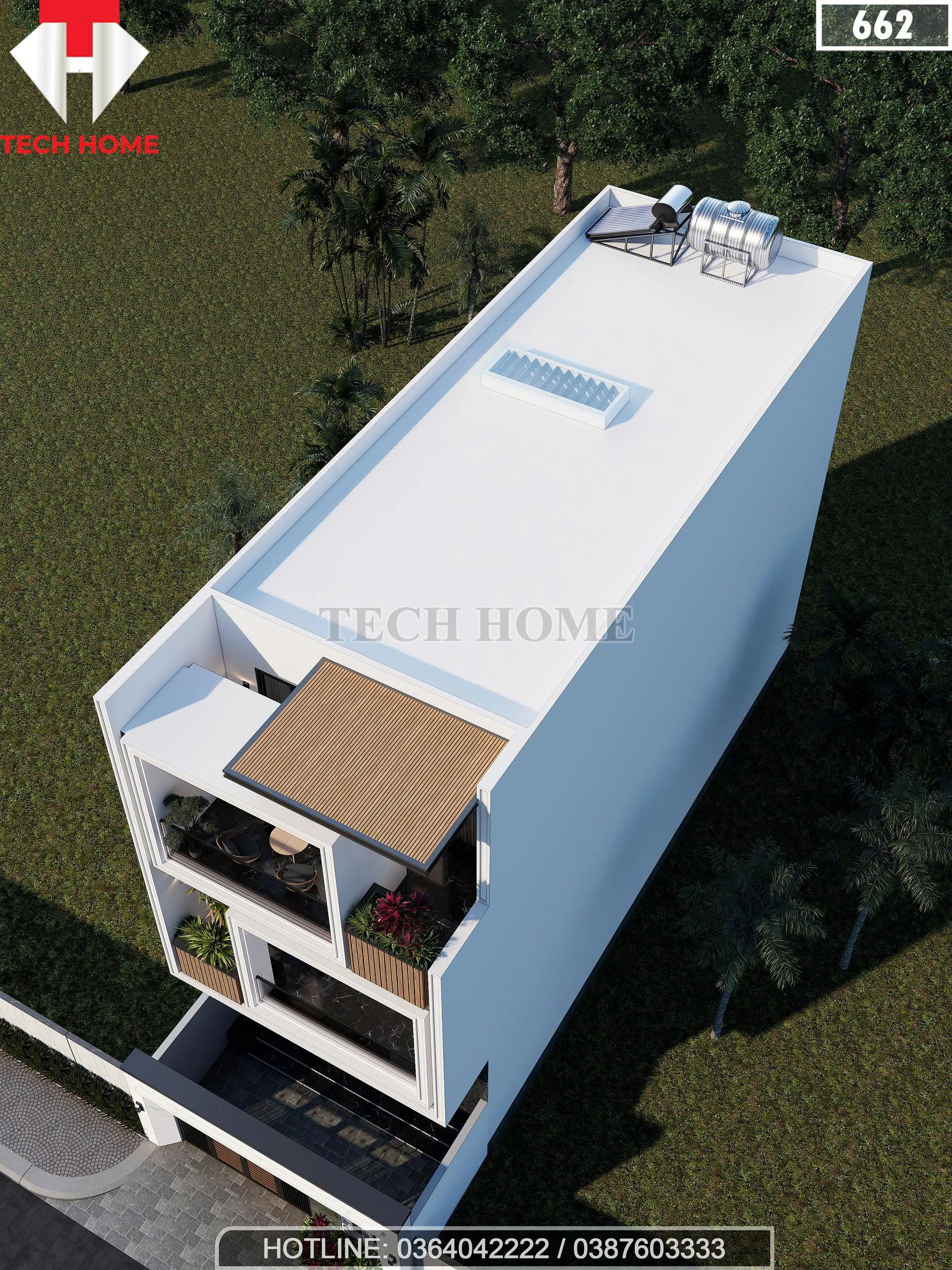 Tổng thể mẫu nhà phố 3 tầng đẹp mái bằng nhìn từ trên cao với hệ thống giếng trời lấy sáng.