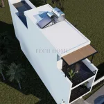 Tổng thể thiết kế nhà phố 3 tầng nhìn từ trên cao với hệ thống thái dương năng.