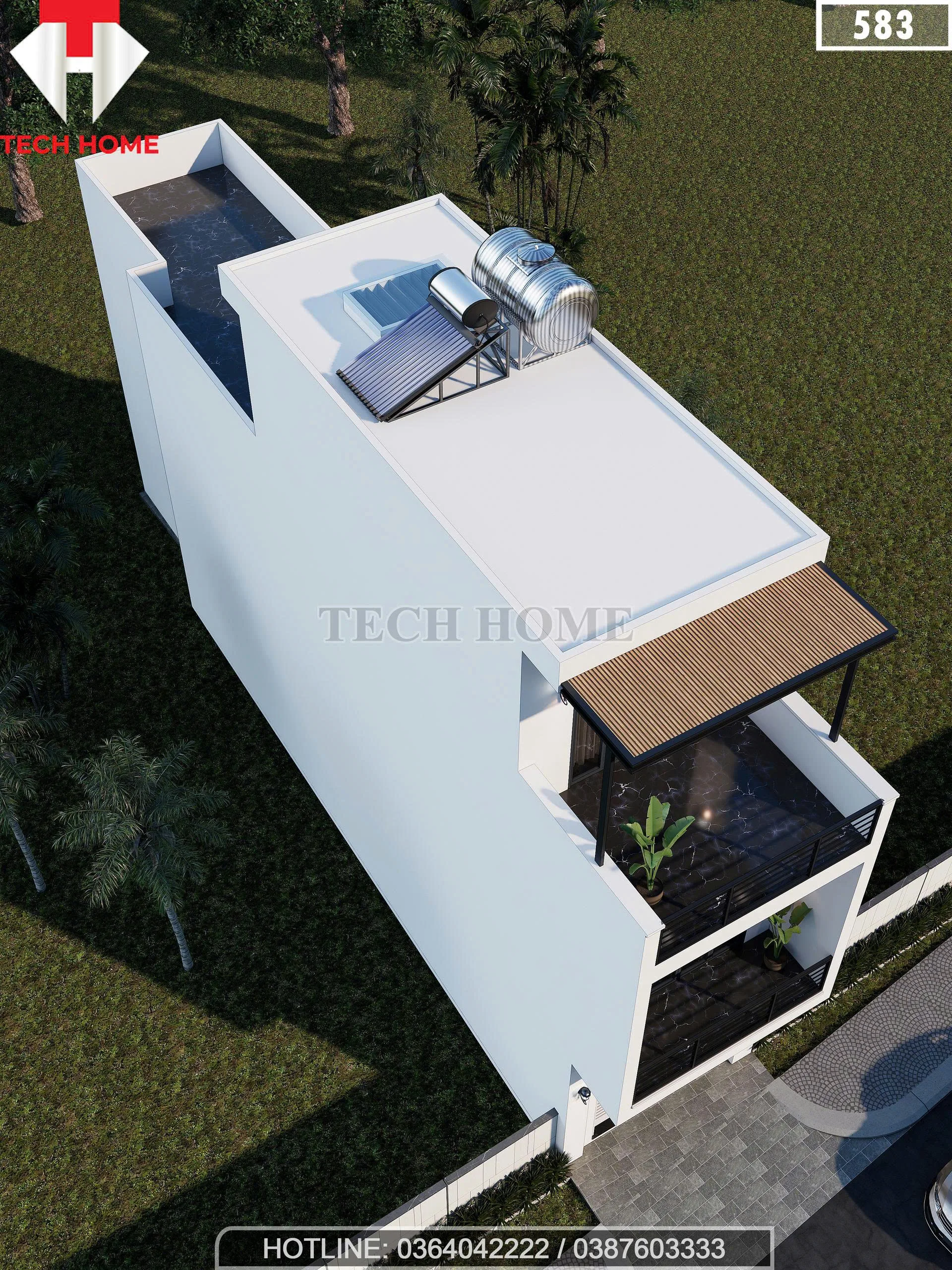 Tổng thể thiết kế nhà phố 3 tầng nhìn từ trên cao với hệ thống thái dương năng.