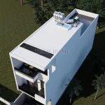 Phối cảnh tổng thể từ trên cao mẫu nhà phố mái bằng 2 tầng 1 tum có sân thượng và giếng trời thoáng đãng.