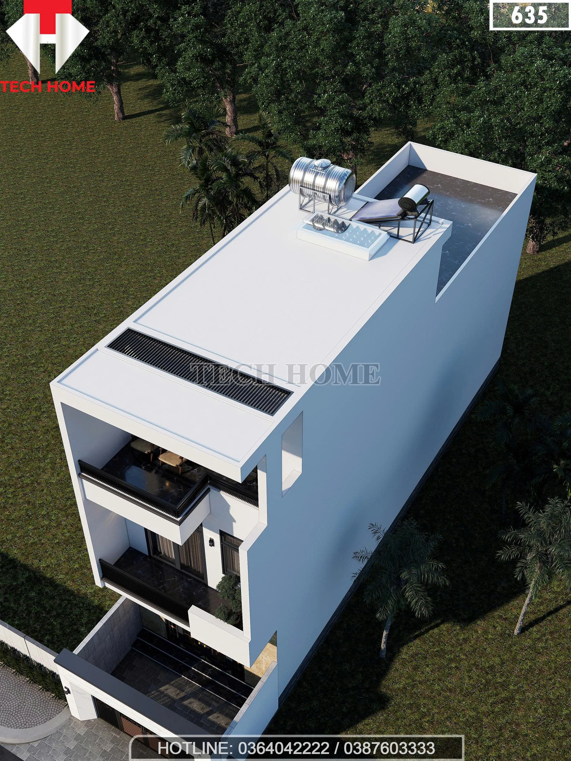 Phối cảnh tổng thể từ trên cao mẫu nhà phố mái bằng 2 tầng 1 tum có sân thượng và giếng trời thoáng đãng.