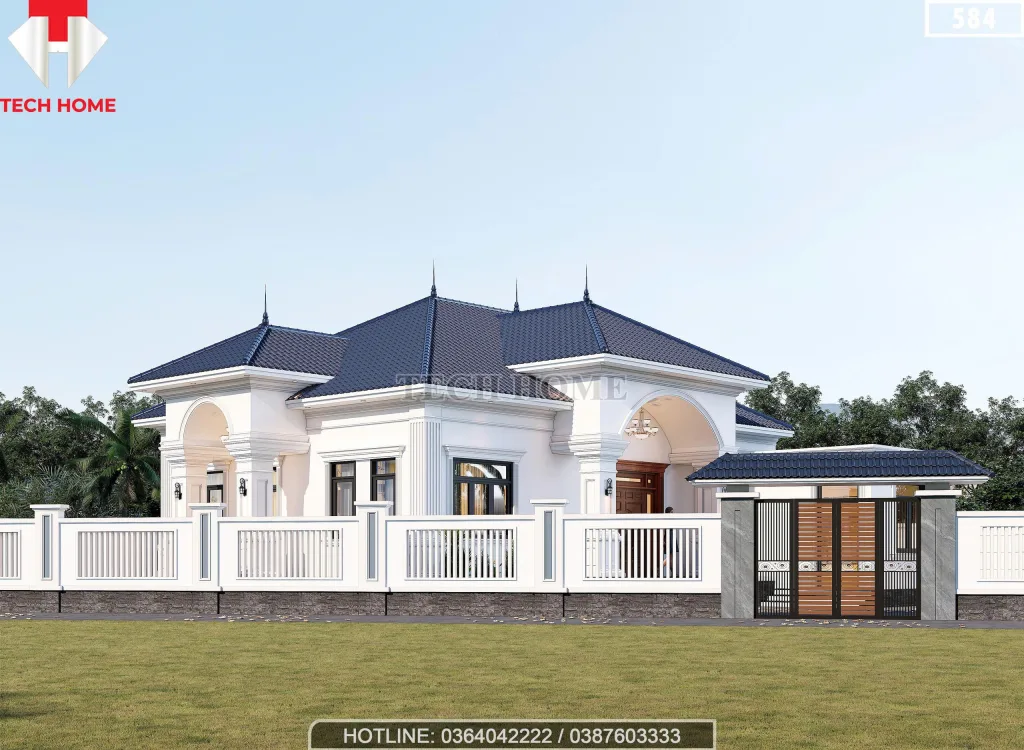 Góc nhìn nghiêng mẫu nhà vườn 1 tầng mái Nhật màu trắng sứ kết hợp hệ thống tường rào kiên cố.