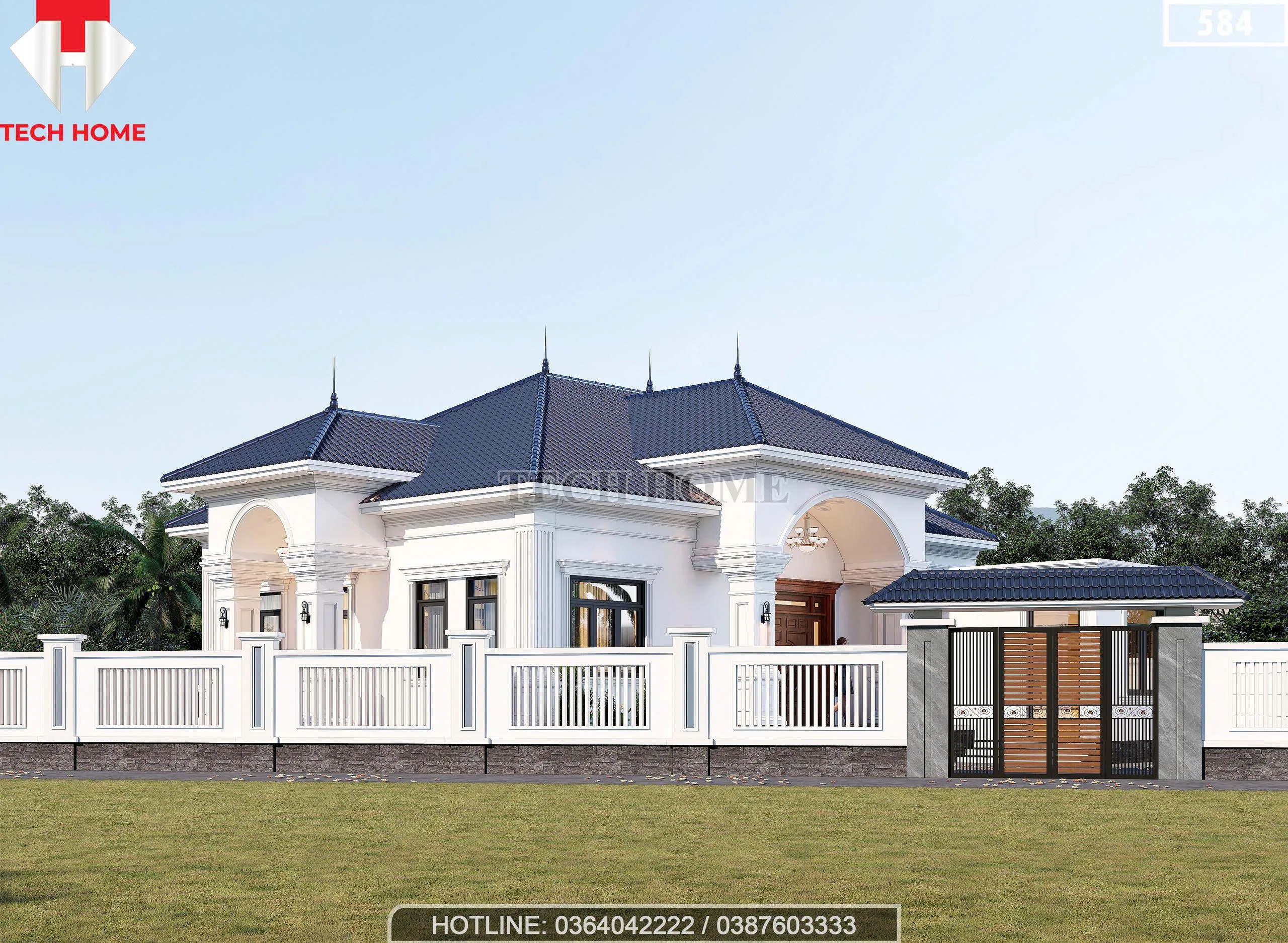 Góc nhìn nghiêng mẫu nhà vườn 1 tầng mái Nhật màu trắng sứ kết hợp hệ thống tường rào kiên cố.