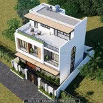 Tổng thể thiết kế nhà 3 tầng hiện đại nhìn từ trên cao với sân thượng và tiểu cảnh xanh.