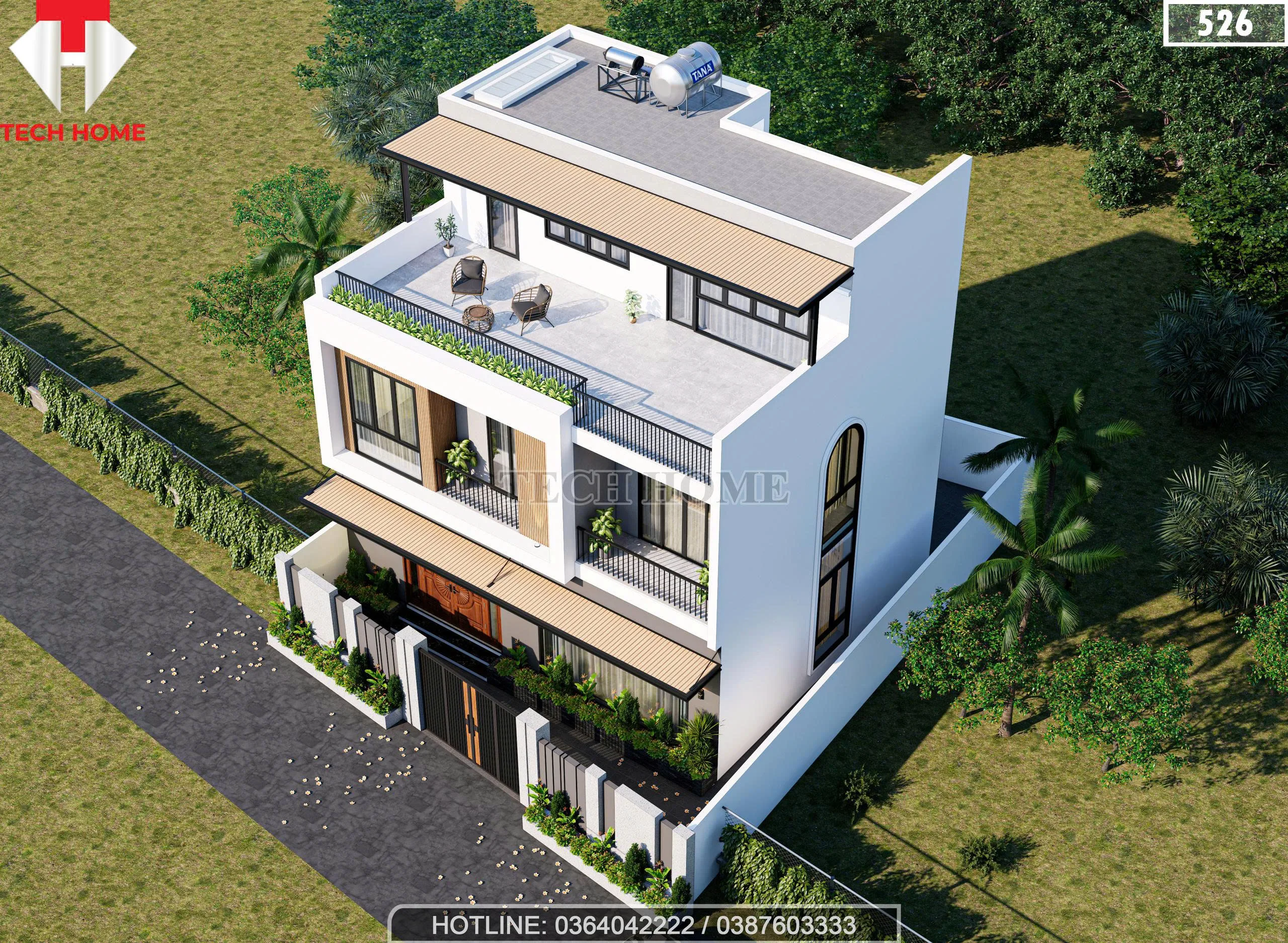 Tổng thể thiết kế nhà 3 tầng hiện đại nhìn từ trên cao với sân thượng và tiểu cảnh xanh.