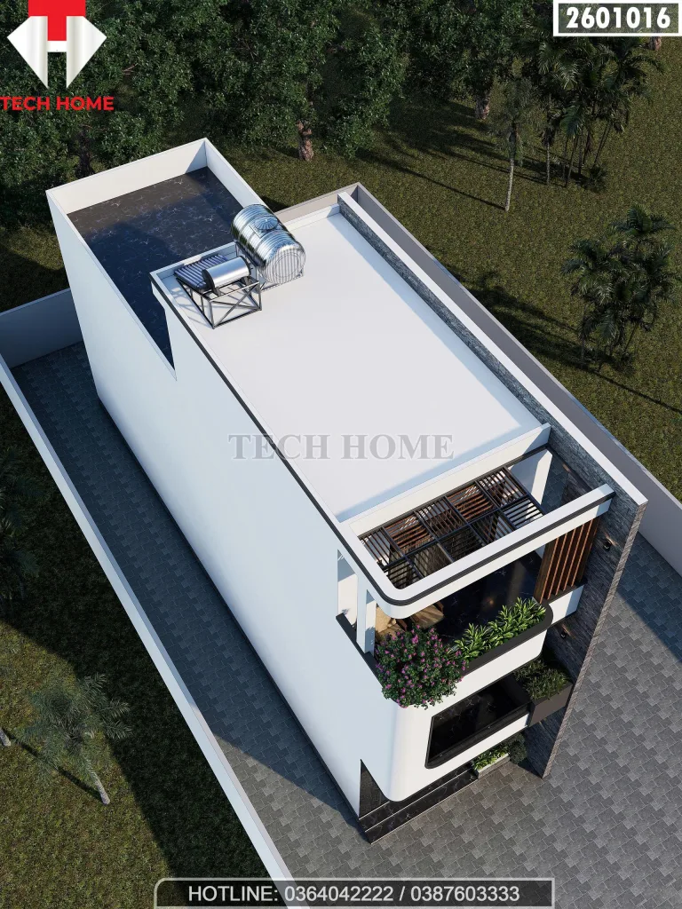 Tổng thể từ trên cao mẫu thiết kế nhà phố 3 tầng mái bằng hiện đại có sân thượng thoáng đãng.