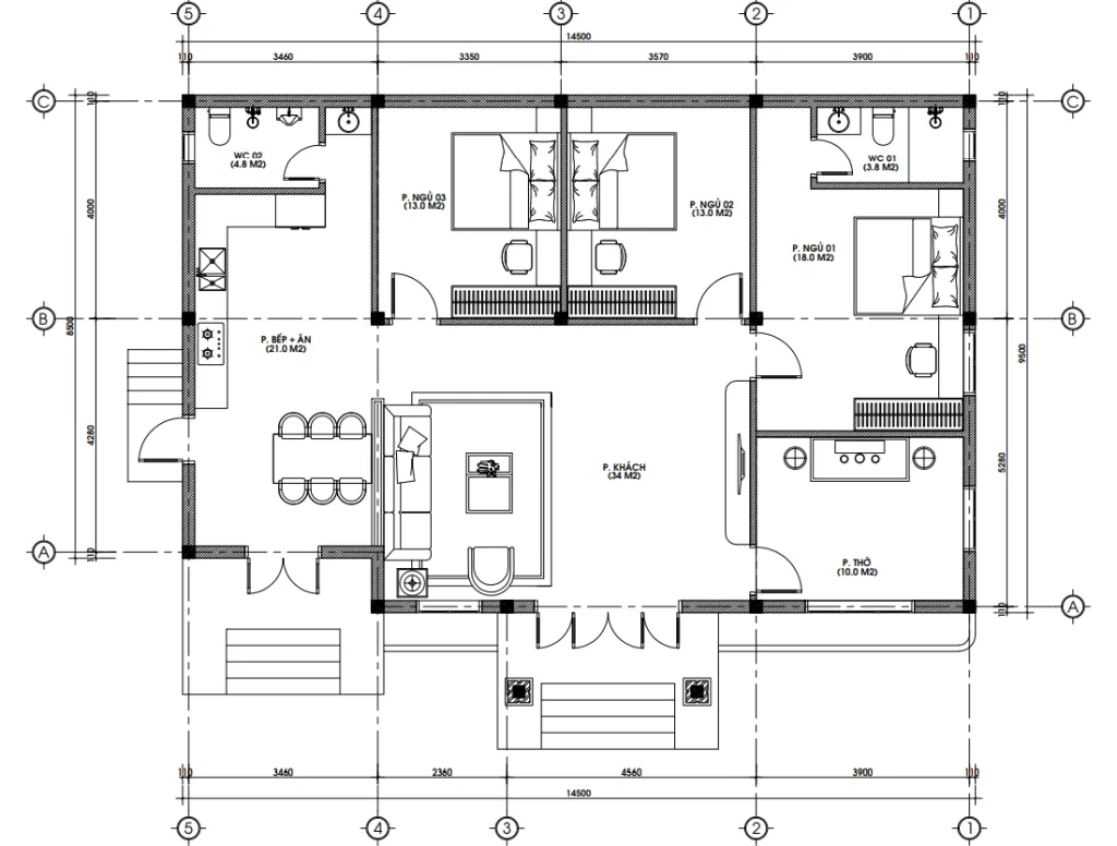 Bản vẽ bố trí công năng mẫu nhà mái Nhật 1 tầng diện tích 150m2 gồm 3 phòng ngủ.