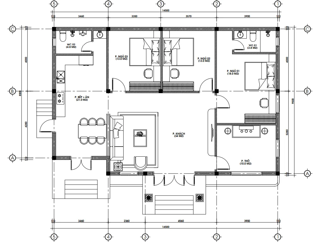 Bản vẽ bố trí công năng mẫu nhà mái Nhật 1 tầng diện tích 150m2 gồm 3 phòng ngủ.