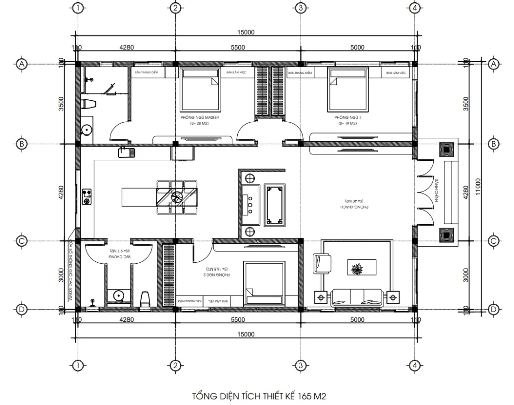 Bản vẽ bố trí chi tiết mặt bằng công năng mẫu nhà mái Nhật 1 tầng diện tích 165m2 của gia đình anh Tuyền.