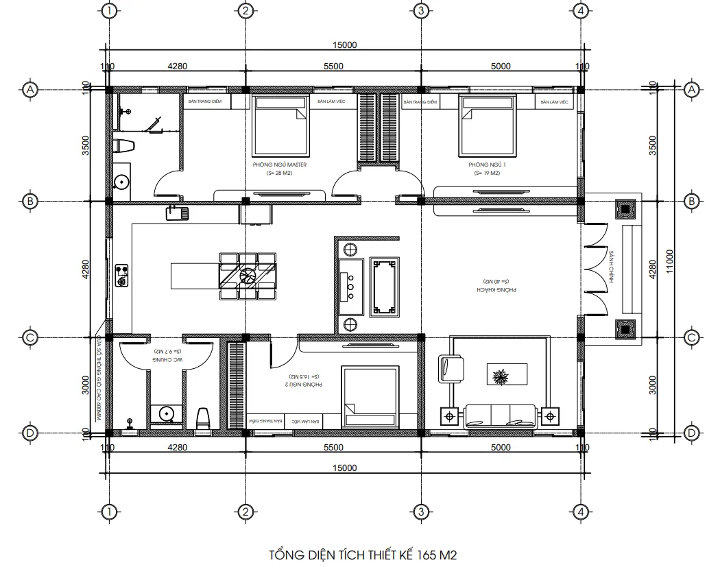 Bản vẽ bố trí chi tiết mặt bằng công năng mẫu nhà mái Nhật 1 tầng diện tích 165m2 của gia đình anh Tuyền.