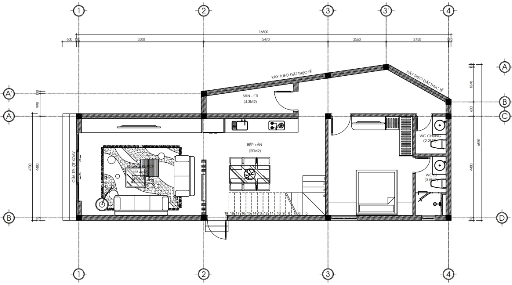 Bản vẽ bố trí công năng tầng 1 mẫu nhà ống 2 tầng đẹp kích thước 4.7x16.5m tối ưu diện tích.