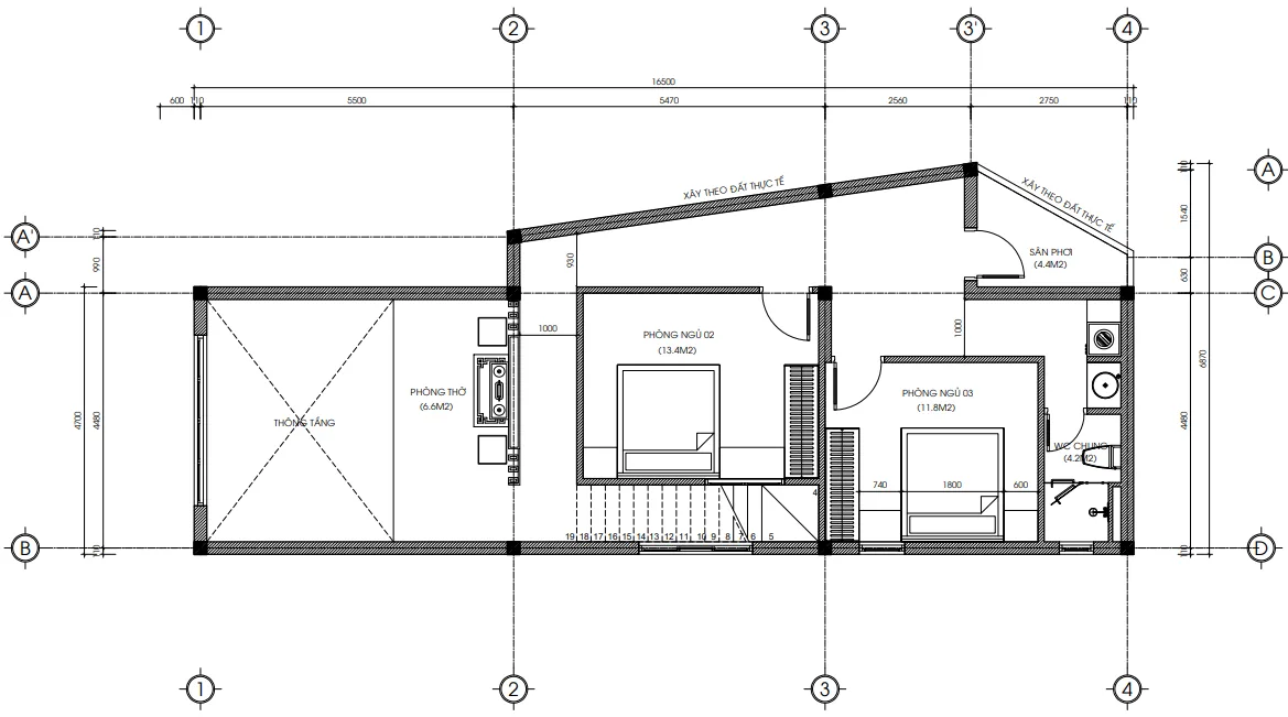 Bản vẽ bố trí công năng tầng 2 mẫu nhà ống 2 tầng đẹp kích thước 4.7x16.5m tối ưu diện tích.