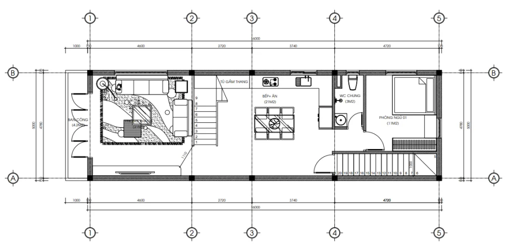 Bản vẽ bố trí công năng tầng 2 mẫu nhà phố 4 tầng hiện đại gồm phòng khách và bếp ăn diện tích 85m2.