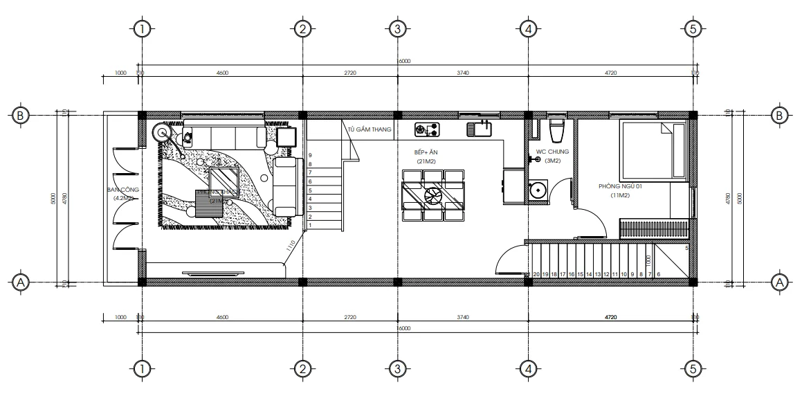 Bản vẽ bố trí công năng tầng 2 mẫu nhà phố 4 tầng hiện đại gồm phòng khách và bếp ăn diện tích 85m2.