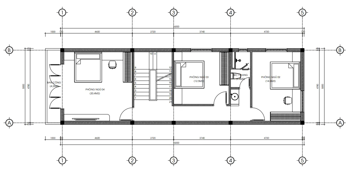 Bản vẽ bố trí công năng tầng 3 mẫu nhà phố 4 tầng hiện đại gồm 3 phòng ngủ diện tích 85m2.