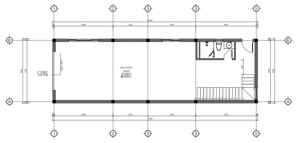 Bản vẽ bố trí công năng tầng 1 mẫu nhà phố 4 tầng hiện đại gồm văn phòng kinh doanh 60m2