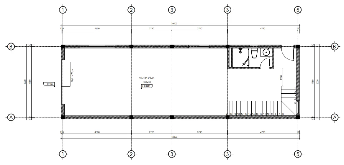 Bản vẽ bố trí công năng tầng 1 mẫu nhà phố 4 tầng hiện đại gồm văn phòng kinh doanh 60m2