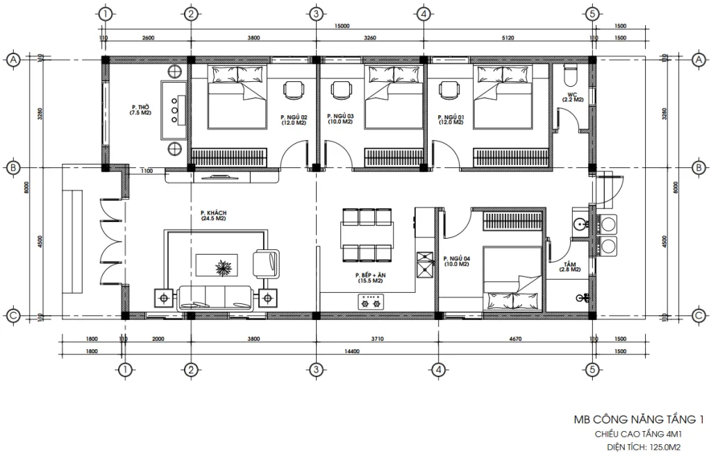 Bản vẽ mặt bằng bố trí công năng tầng 1 nhà cấp 4 mái bằng diện tích 125m2 gồm 4 phòng ngủ và 1 phòng thờ.