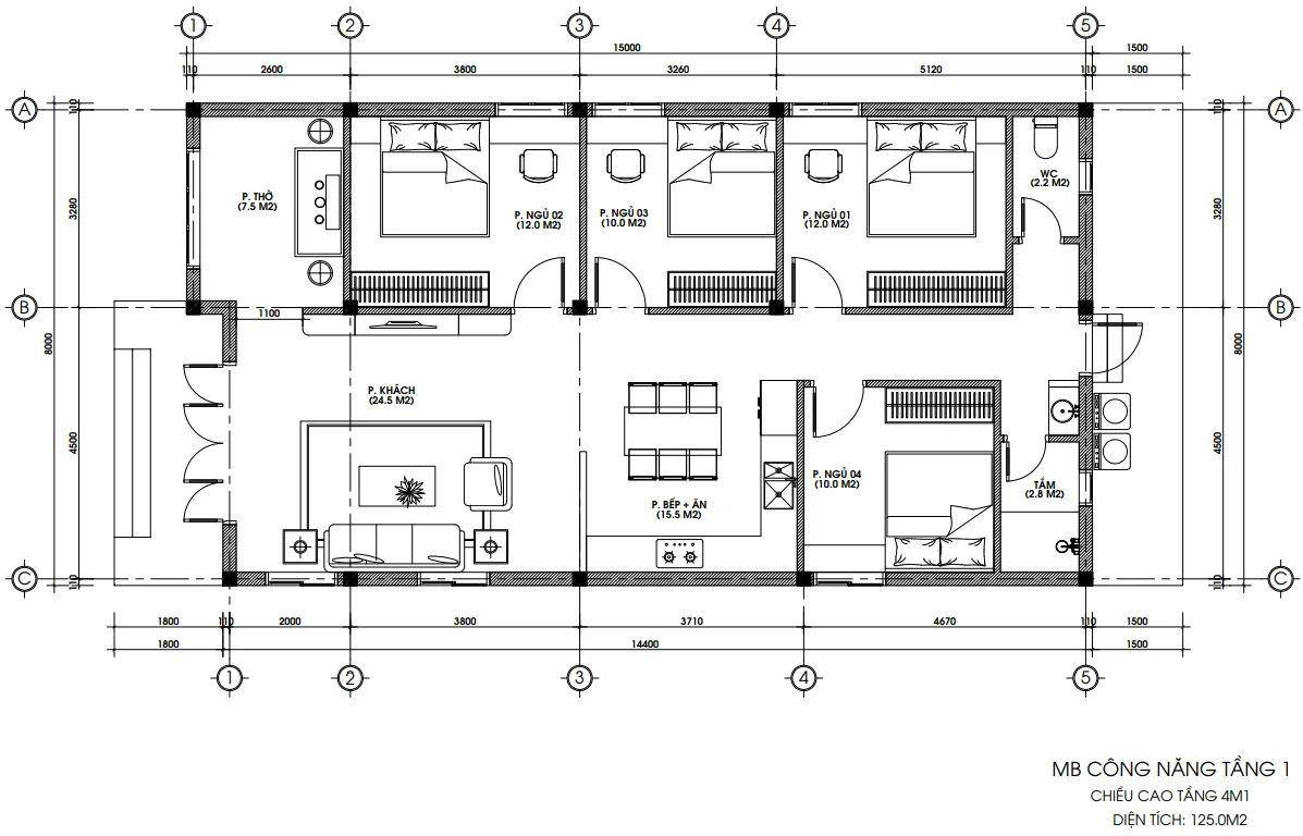Bản vẽ mặt bằng bố trí công năng tầng 1 nhà cấp 4 mái bằng diện tích 125m2 gồm 4 phòng ngủ và 1 phòng thờ.