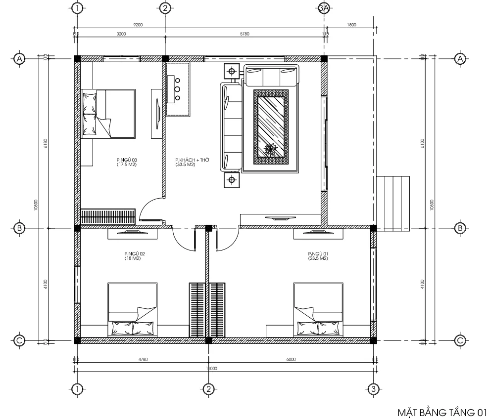 Bản vẽ mặt bằng công năng mẫu nhà cấp 4 hiện đại 3 phòng ngủ diện tích 10.5x11m.