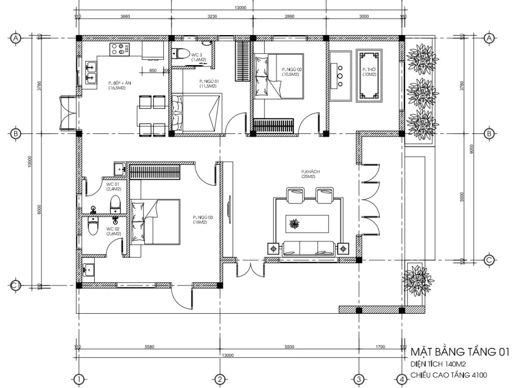 Chi tiết bản vẽ mặt bằng tầng 01 nhà cấp 4 mái Nhật 3 phòng ngủ diện tích 140m2.