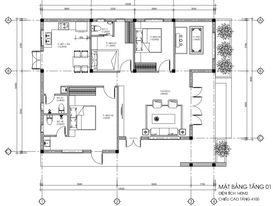 Chi tiết bản vẽ mặt bằng tầng 01 nhà cấp 4 mái Nhật 3 phòng ngủ diện tích 140m2.