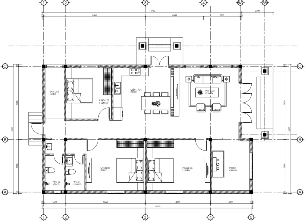 Bản vẽ chi tiết bố trí 3 phòng ngủ và phòng khách mẫu nhà cấp 4 mái Nhật 157m2.