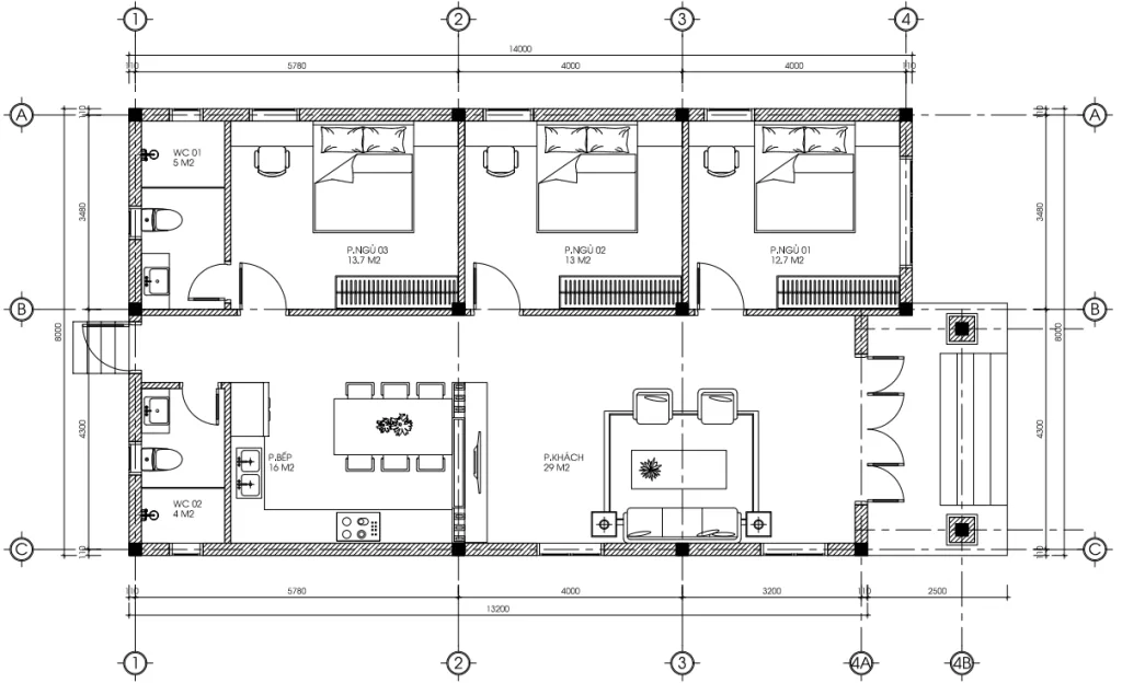 Bản vẽ bố trí công năng mặt bằng tầng 01 mẫu nhà cấp 4 mái Nhật diện tích 120m2 gồm 3 phòng ngủ.