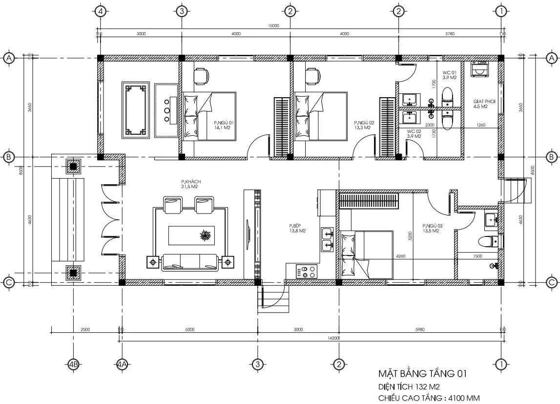 Bản vẽ bố trí công năng tầng 1 mẫu nhà cấp 4 mái Nhật diện tích 132m2 của anh Dũng.