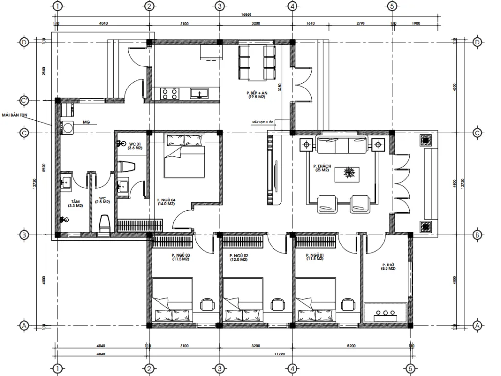 Bản vẽ bố trí công năng tầng 1 mẫu nhà cấp 4 mái Nhật diện tích 160m2 với 4 phòng ngủ.