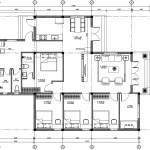 Bản vẽ bố trí công năng tầng 1 mẫu nhà cấp 4 mái Nhật diện tích 160m2 với 4 phòng ngủ.