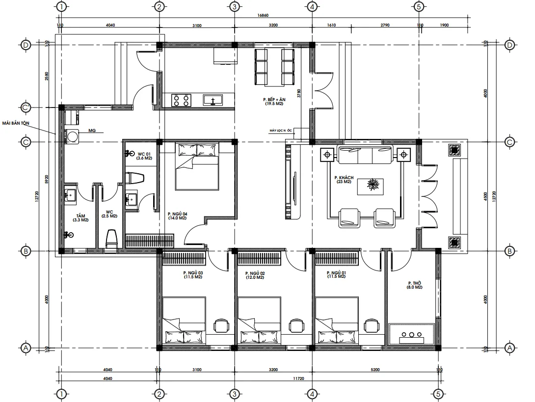 Bản vẽ bố trí công năng tầng 1 mẫu nhà cấp 4 mái Nhật diện tích 160m2 với 4 phòng ngủ.