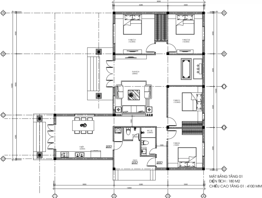 Bản vẽ bố trí công năng mẫu nhà cấp 4 mái Nhật 4 phòng ngủ diện tích 180m2 tại Thanh Hóa.