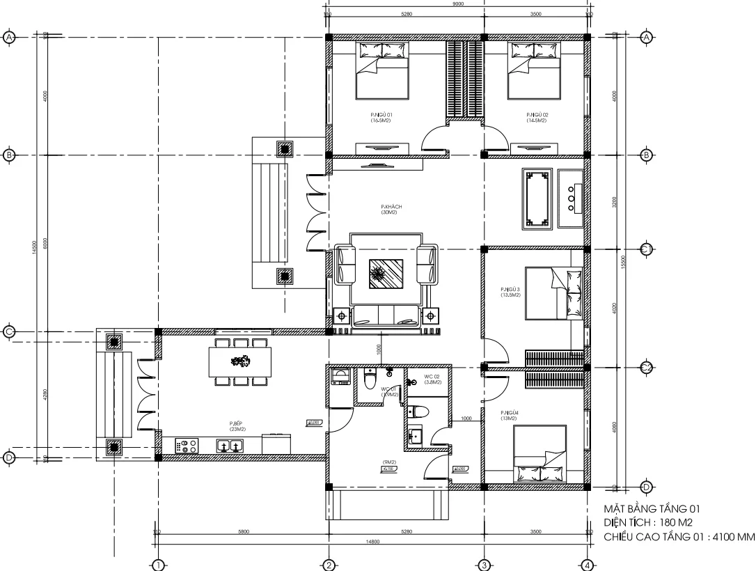 Bản vẽ bố trí công năng mẫu nhà cấp 4 mái Nhật 4 phòng ngủ diện tích 180m2 tại Thanh Hóa.