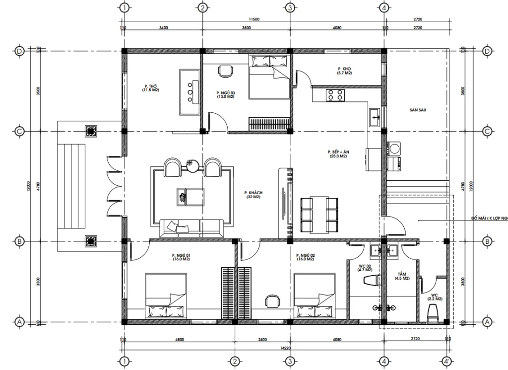 Bản vẽ chi tiết bố trí công năng mẫu nhà mái Nhật 1 tầng 3 phòng ngủ diện tích 160m2.