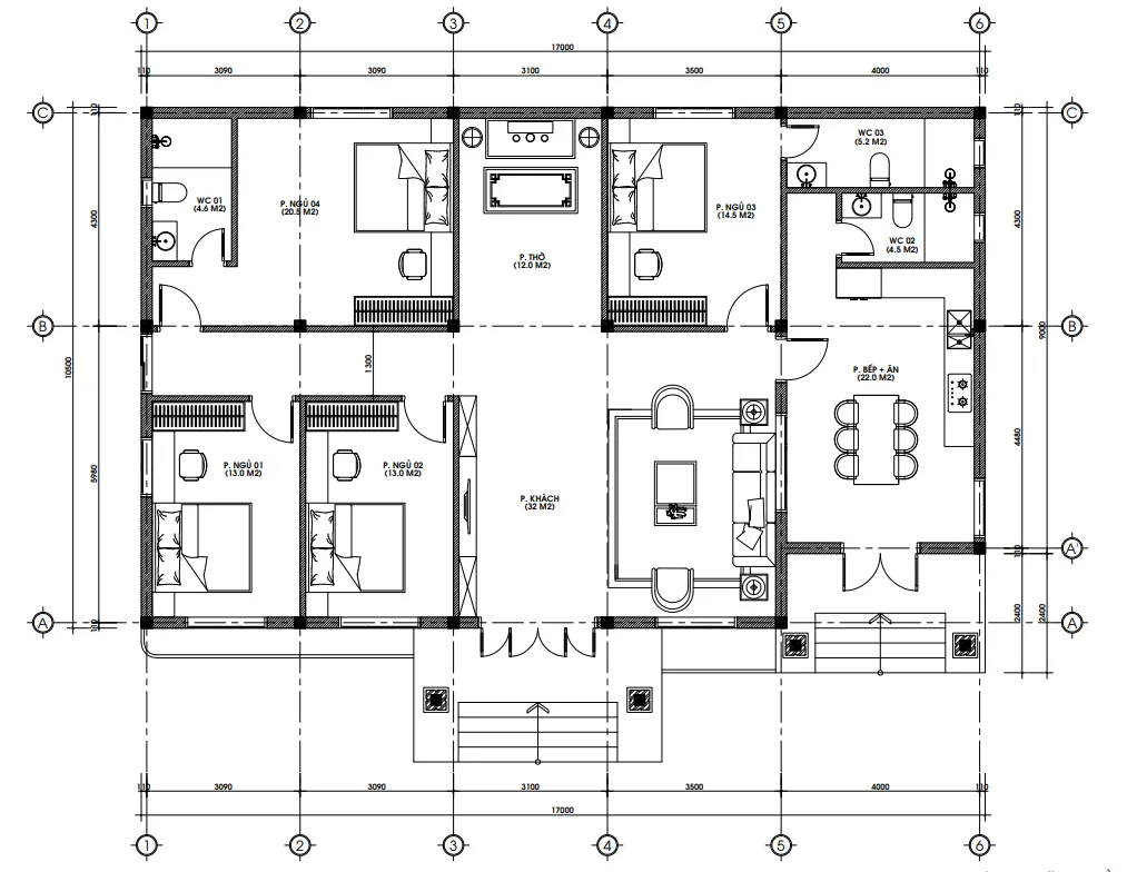 Bản vẽ bố trí công năng mẫu nhà mái Nhật 1 tầng 4 phòng ngủ diện tích 195m2.