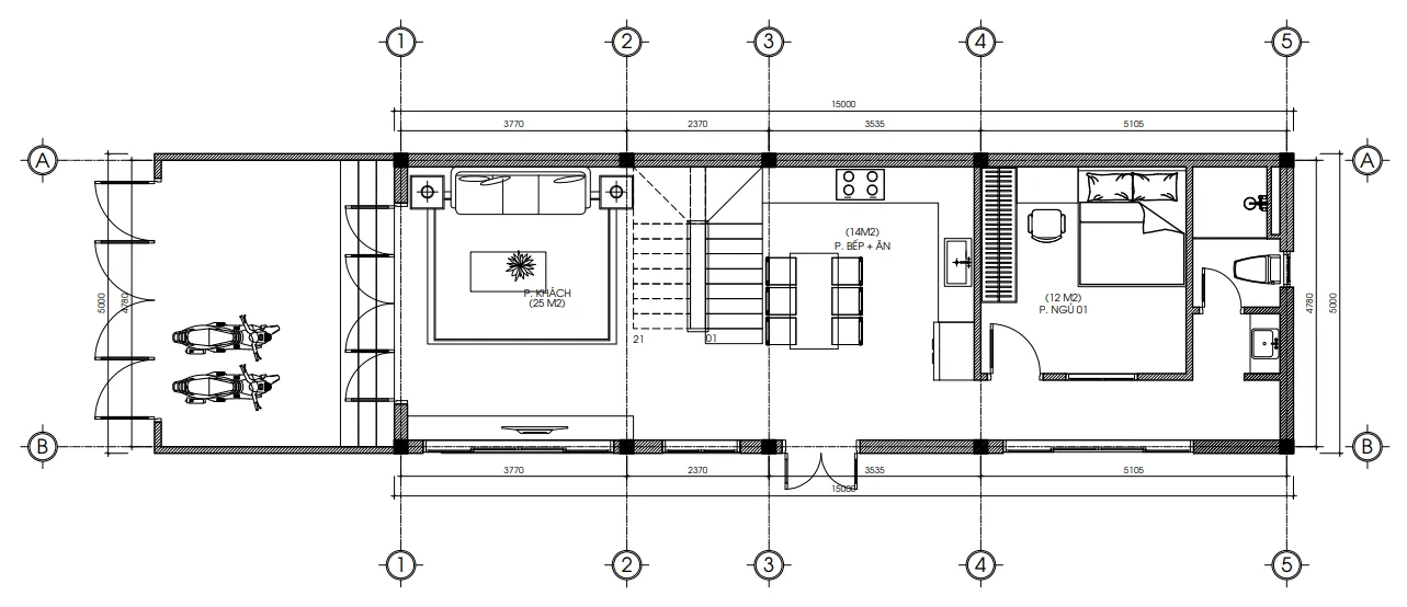 Bản vẽ mặt bằng công năng chi tiết tầng 1 mẫu nhà phố 2 tầng 5x15m diện tích sàn 75m2.