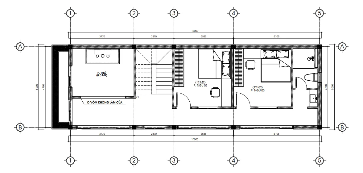 Bản vẽ mặt bằng công năng chi tiết tầng 2 mẫu nhà phố 2 tầng 5x15m diện tích sàn 75m2.