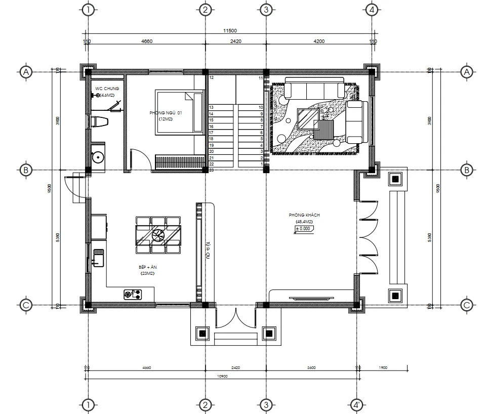 Bản vẽ chi tiết công năng tầng 1 diện tích 120m2 với phòng khách 45.4m2 mẫu biệt thự 2 tầng tân cổ điển.