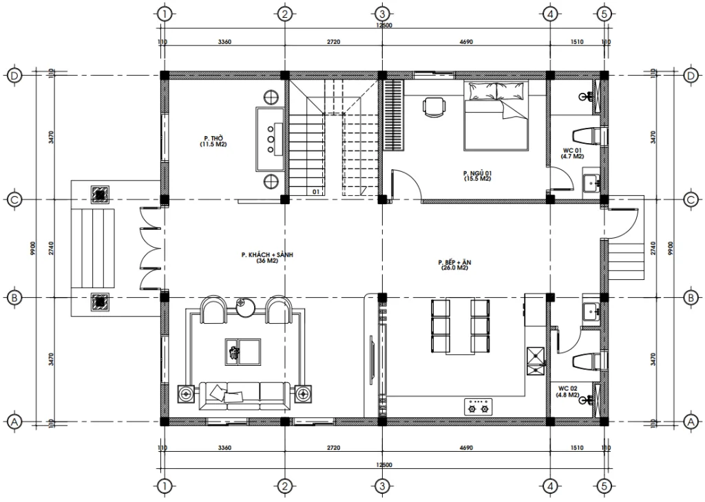 Bản vẽ bố trí công năng tầng 1 mẫu biệt thự 2 tầng diện tích 135m2 gồm phòng khách và bếp ăn rộng rãi.