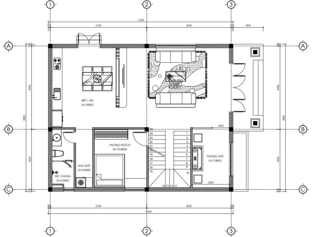Bản vẽ bố trí công năng tầng 1 biệt thự tân cổ điển 2 tầng diện tích 106m2.