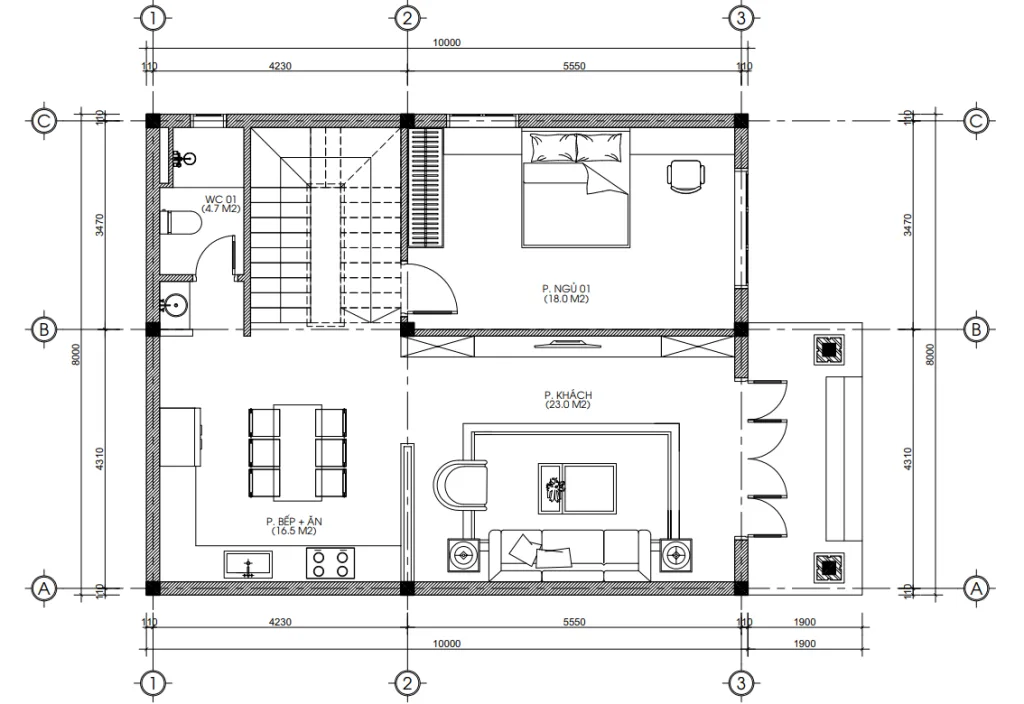 Bản vẽ bố trí công năng tầng 1 mẫu nhà 2 tầng mái Thái đẹp diện tích 90m2 có 1 phòng ngủ.