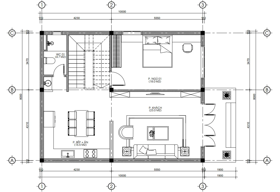 Bản vẽ bố trí công năng tầng 1 mẫu nhà 2 tầng mái Thái đẹp diện tích 90m2 có 1 phòng ngủ.