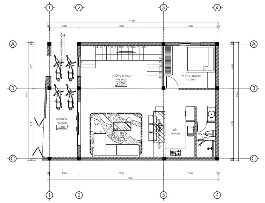 Bản vẽ bố trí công năng tầng 1 mẫu nhà phố 3 tầng hiện đại diện tích 92m2